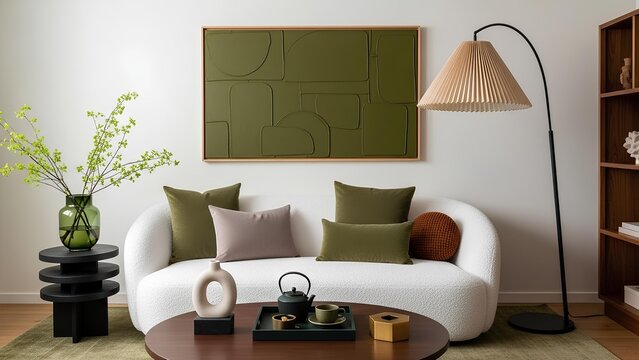 Stylish and inviting modern living room interior featuring a white sofa, vibrant green abstract artwork, and complementary decorative accents for a contemporary home design