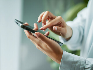 スマホを操作する女性の手元　A close-up of a woman's hands operating a smartphone　Generative AI