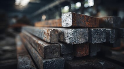 Stack of Rusty Metal Bars in Industrial Warehouse Setting.