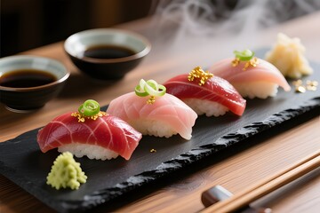 Premium Nigiri Sushi Set With Tuna Salmon And Gold Leaf