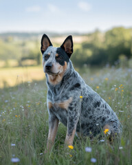 Beautiful Blue Heeler dog photographed outdoors sitting in a grassy field at sunset, warm light highlighting its coat and expression.