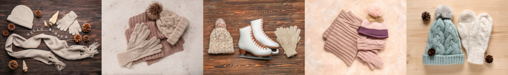 Collage of stylish children's clothes with ice skates, top view
