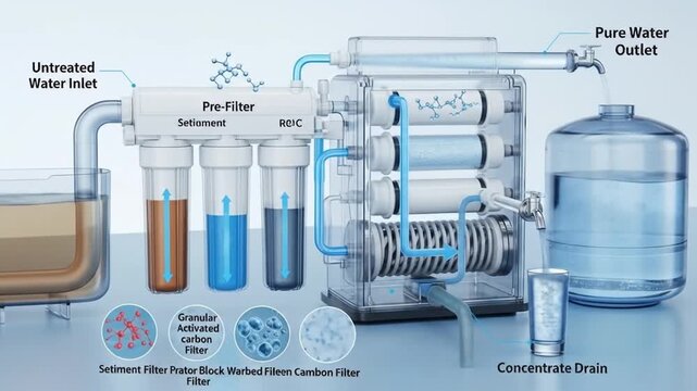 A reverse osmosis unit that filters water, showing the complex filtration process and the resulting pure water. Ideal for illustrating water purification and clean water technology. 4k video