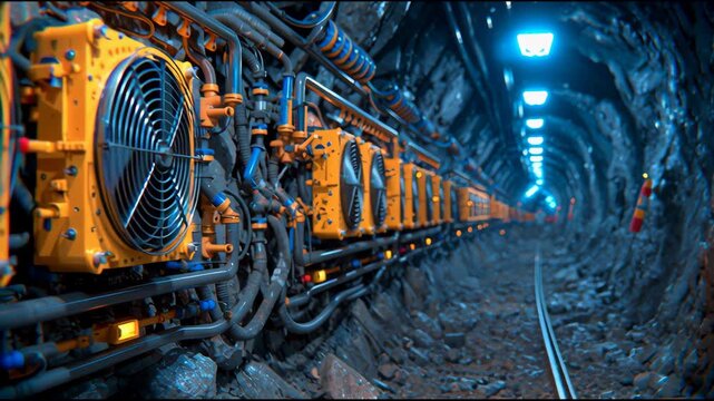 A long tunnel with yellow fans on the walls. The fans are yellow and are mounted on the wall. The fans are arranged in a row, with some fans closer to the front and others further back