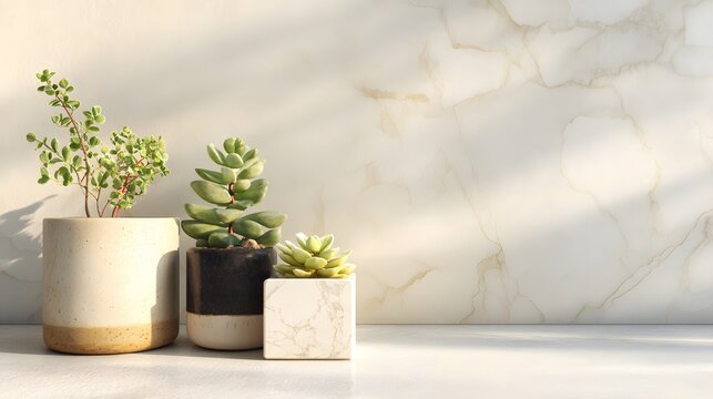 Three Potted Succulent Plants on a White Surface with Textured Background. - Powered by Adobe