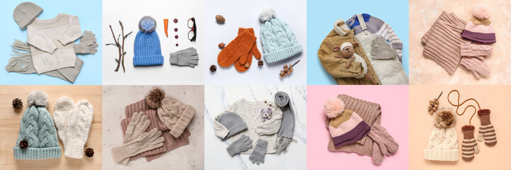 Collage of stylish children's clothes with toys, top view