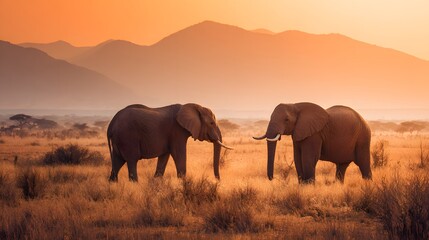 Fototapeta premium Two Elephants Silhouetted Against a Golden African Sunset.