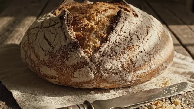 Close-up of whole round bread with crispy crust and flour dusting. Vintage knife and crumbs on linen cloth in morning sunlight. Traditional homemade bakery concept.
