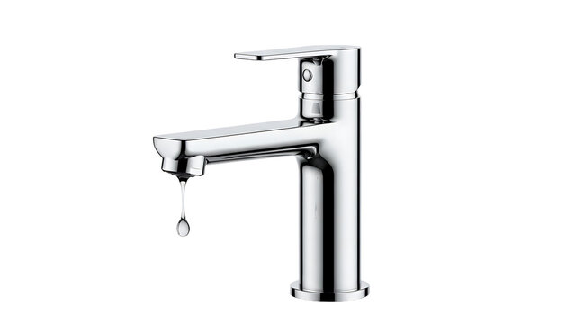 Modern chrome faucet with single lever handle and water droplet, faucet isolated on white background for plumbing, interior design, and water conservation themes
