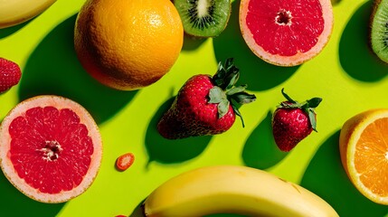 Naklejka premium Vibrant Assortment of Fresh Fruits Artfully Arranged on a Bright Green Surface.