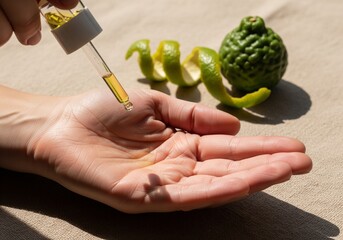 Hands applying bergamot essential oil with glass dropper 