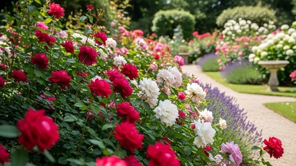 Fototapeta premium Lush Garden Path with Vibrant Red and White Flowers.