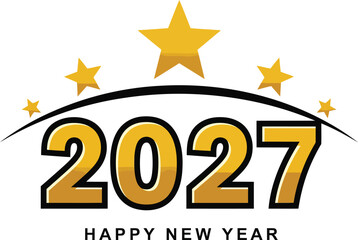 Festive Happy New Year 2027 graphic with bold golden numbers a black arch and five celebratory yellow stars.