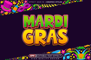 Editable 3d text effect mardi gras with decorative background for banner and banner template design