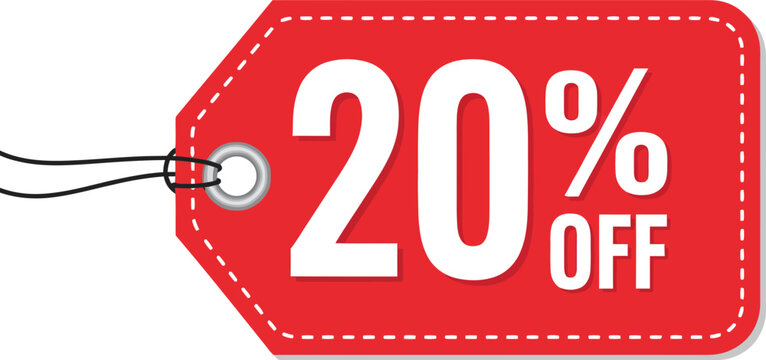 Red stitched retail tag with a black string offering a 20 off discount sale.