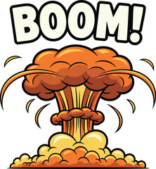 Vibrant cartoon mushroom cloud explosion with a bold BOOM comic book sound effect.