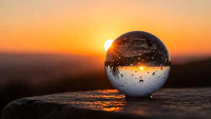 Clear glass sphere sitting on a rock reflecting an inverted view of a beautiful orange sunset and nature silhouette