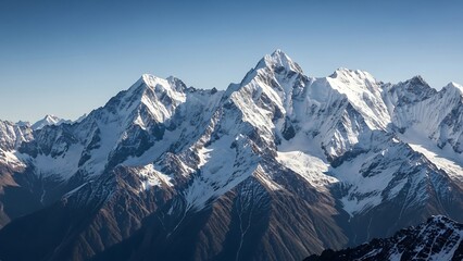 Majestic snow-capped mountain peaks against a clear blue sky.