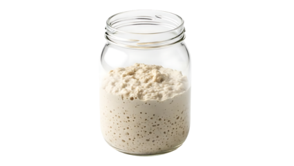 Glass jar with bubbly sourdough starter and creamy fermented texture, isolated on white background for baking, bread-making, and culinary fermentation themes