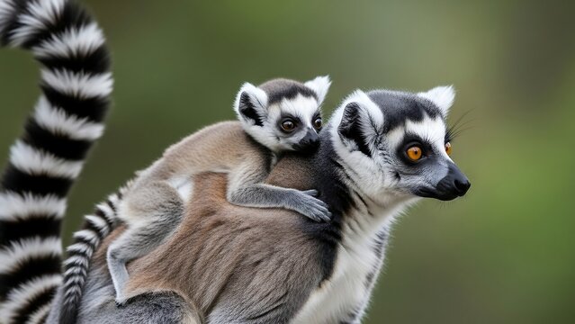 Ring-tailed lemur mother carrying baby on back in Madagascar.