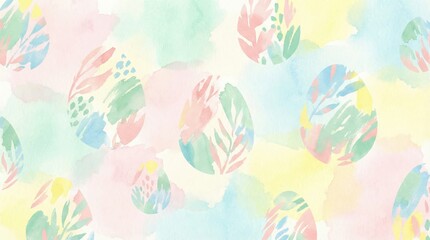 A soft pastel watercolor background featuring abstract egg shapes in various colors. The design is suitable for Easter themes and spring celebrations.