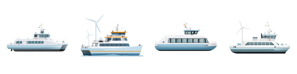 Naklejka premium Modern Ferry Boats with Wind Turbines on White