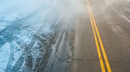 A snowy road with tire tracks and steam rising from the surface. The scene captures winter conditions and the effects of temperature changes on the asphalt.