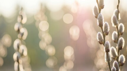 Close-up of soft, fluffy catkins on branches with a blurred background. The scene captures the essence of spring and nature's renewal.
