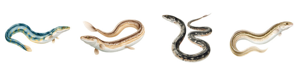 Fototapeta premium Collection of Four Watercolor Amphiuma, Aquatic Salamanders