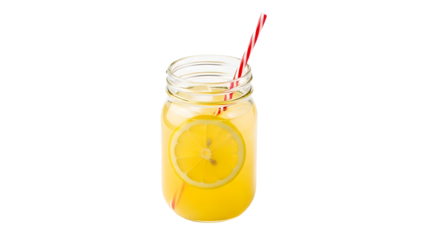 Mason jar filled with orange juice and lemon slice, with striped straw, isolated on white background for summer beverage and refreshment themes