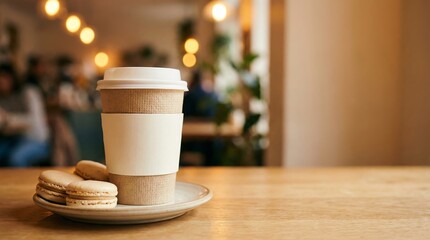 A disposable coffee cup sits on a wooden table next to a plate of macarons. The background features a cozy cafe atmosphere with soft lighting.