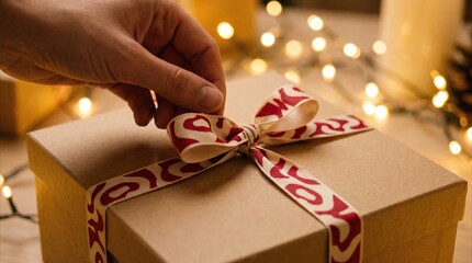 A hand ties a decorative bow on a gift box. The box is wrapped in brown paper with a red and white ribbon. Soft lights create a warm atmosphere.