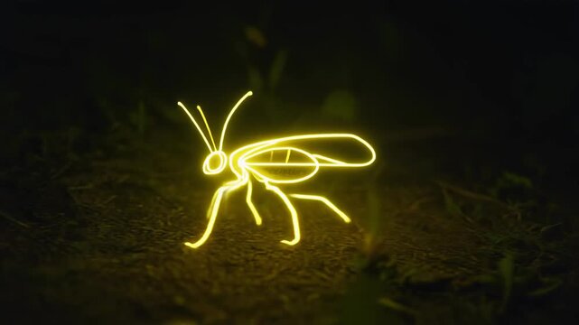 A luminous yellow outline of an insect, resembling a firefly, glowing brightly in the dark, creating a light painting effect on a dark ground.