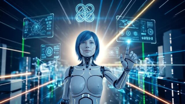 A female humanoid robot in a virtual world symbolizes the future of AI agents and agent autonomy during the evolution of autonomous machines working with humans. 4k video