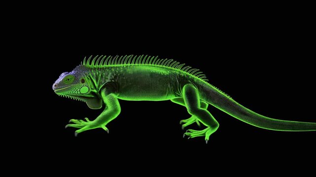 A vibrant green X-ray image of an iguana on a stark black background, highlighting its skeletal structure and unique scales.