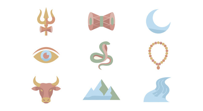 Cute Pastel Vector Icons of Shiva Symbols Set featuring Soft Color Trishula Nandi and River Ganga for Gentle Religious Designs