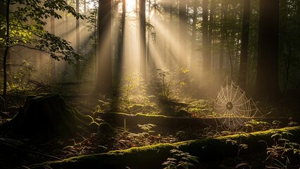 Obraz premium Sunlight filtering through trees in a dense forest, creating ethereal beams.