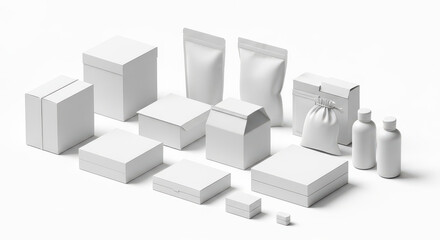 Collection of white boxes and bags. isolated illustration transparent for mock up