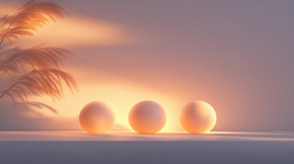 Obraz premium Sunrise, spheres, soft light, plant shadow, neutral backdrop, still life, modern aesthetic, product display
