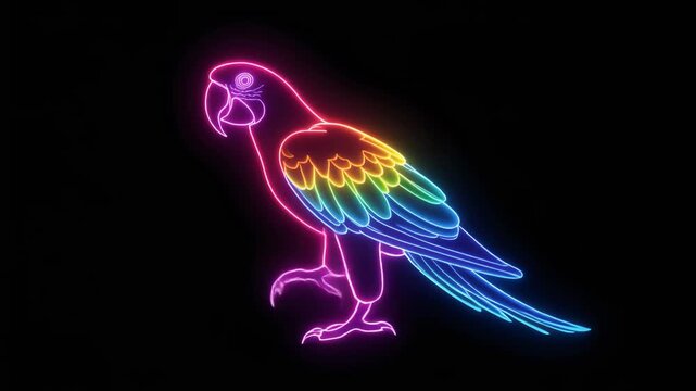 Vibrant neon outline of a parrot with a rainbow gradient against a dark background.