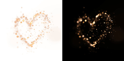Abstract glowing heart made of golden light particles and soft bokeh on black background. Romantic love concept, elegant luminous illustration for Valentine&rsquo;s Day, greeting cards and modern designs.