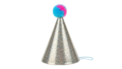 A silver party hat with colorful pom pom isolated on transparent background