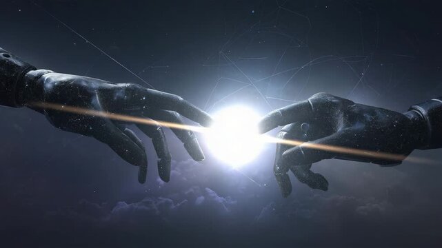 宇宙空間で輝く、機械の手同士が触れ合う接点イメージの構図