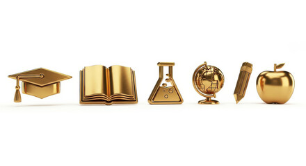 Row of gold-colored items, including a book, a globe, a pen, and an apple. isolated illustration transparent for mock up