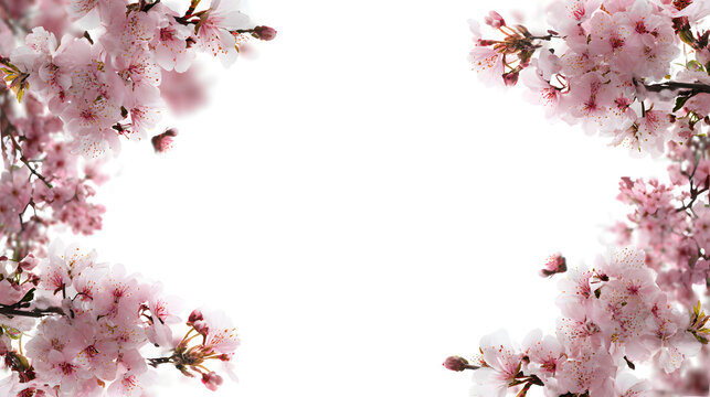 A delicate pink cherry blossom border features blooming sakura branches and floral petals, creating a natural spring frame for a beautiful Japanese garden season decoration