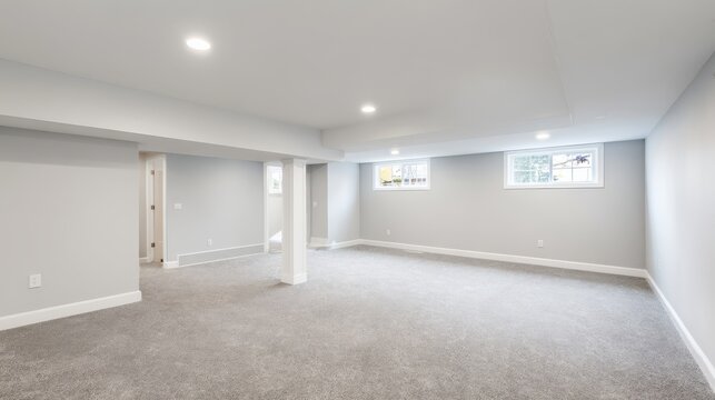 empty basement room in a modern home with grey walls and carpet