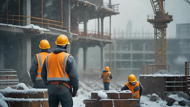 Construction workers in safety gear on a building site during a heavy snowstorm. Industrial project development continues despite the harsh winter weather conditions