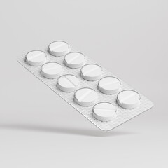 Blister pack of white tablets isolated on light background