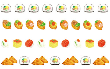 手描き水彩の寿司装飾線4種セット（太巻・いなり寿司・手まり寿司の和風ライン）
Hand-painted watercolor sushi decorative line set with futomaki, inari sushi and temari sushi