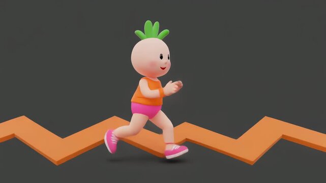 A cute 3D animated cartoon character resembling an onion or turnip running on an orange zigzag path against a dark gray background.